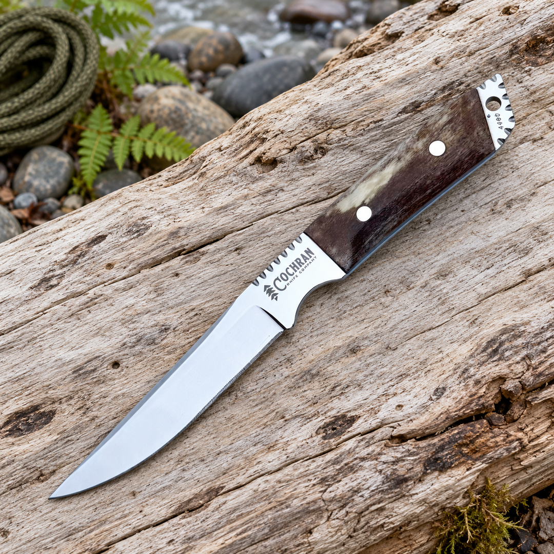 Cochran Summit Hunter with Saddle handle on driftwood beside a river in an illustrative outdoor setting.